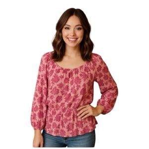 Pink Floral Peasant Blouse‎ L – Ruffle Hem Soft Romantic Boho Cottagecore Top